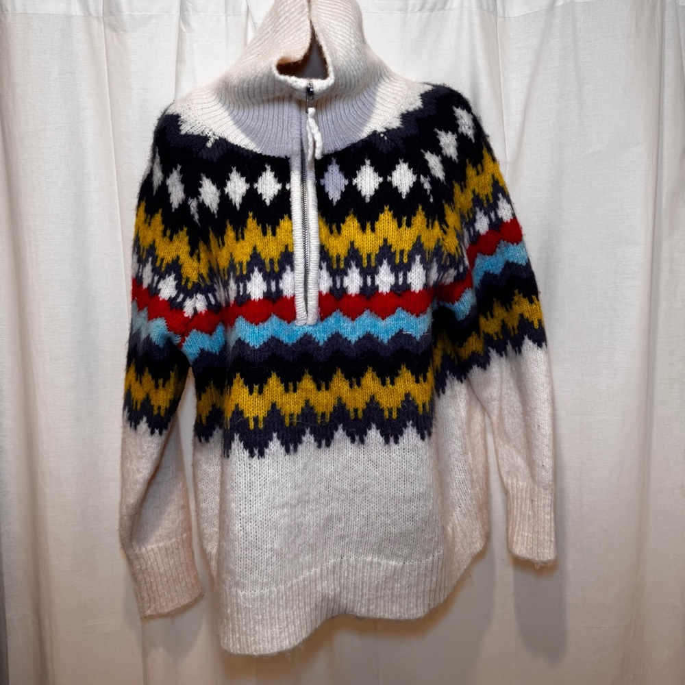 Aerie Cozy Nordic Patterned Sweater - White, Blue, Yellow, Red
